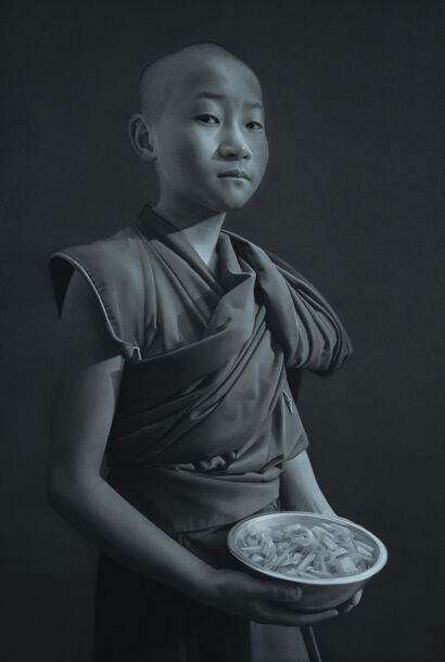 Little Monk with Sliced Potatoes - a Paint Artowrk by Sumanth Marda
